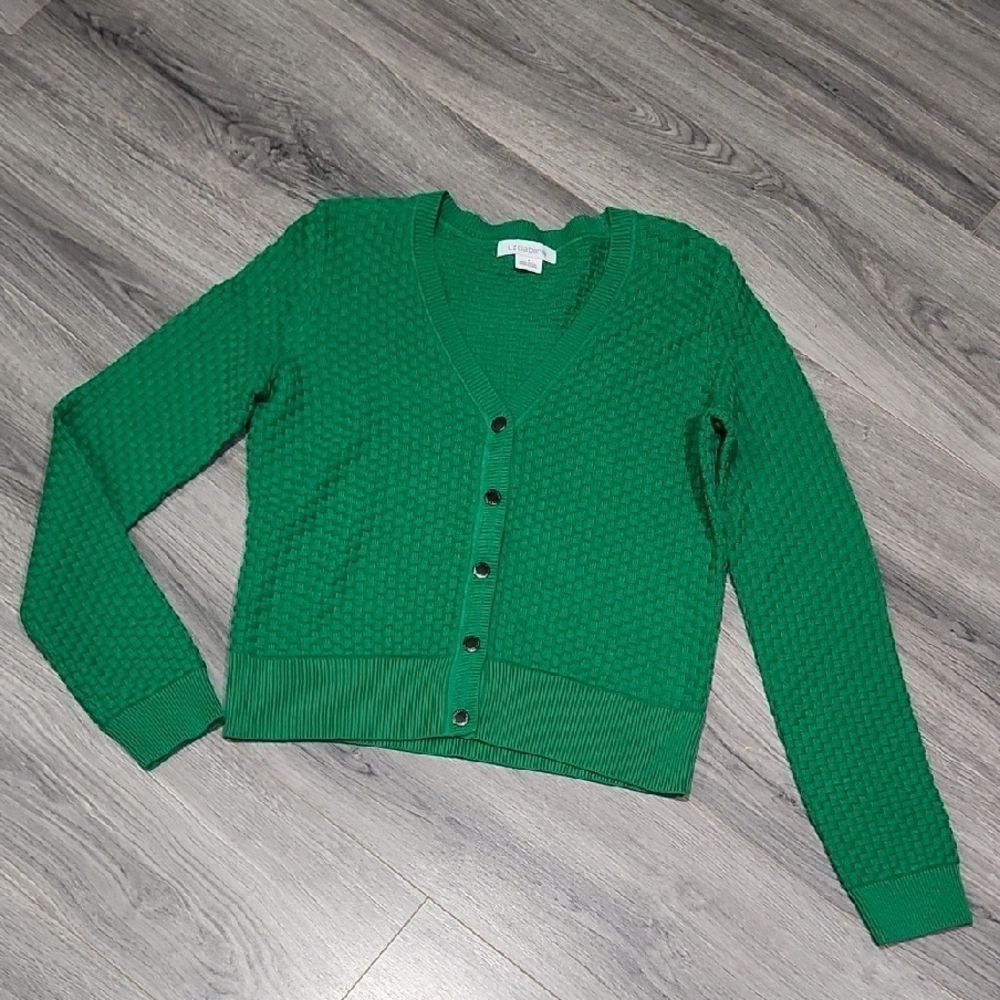 EUC Kelly Green Basket Weave Liz Claiborne Cotton Cardigan Sweater